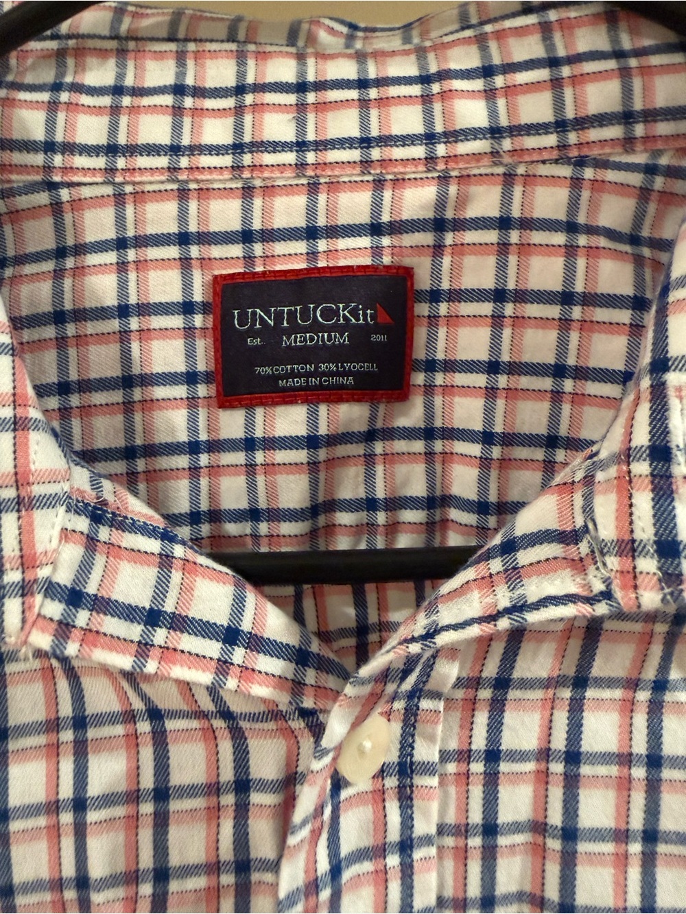 UNTUCKit Men's White Button-Down Shirt with Blue and Pink Plaid